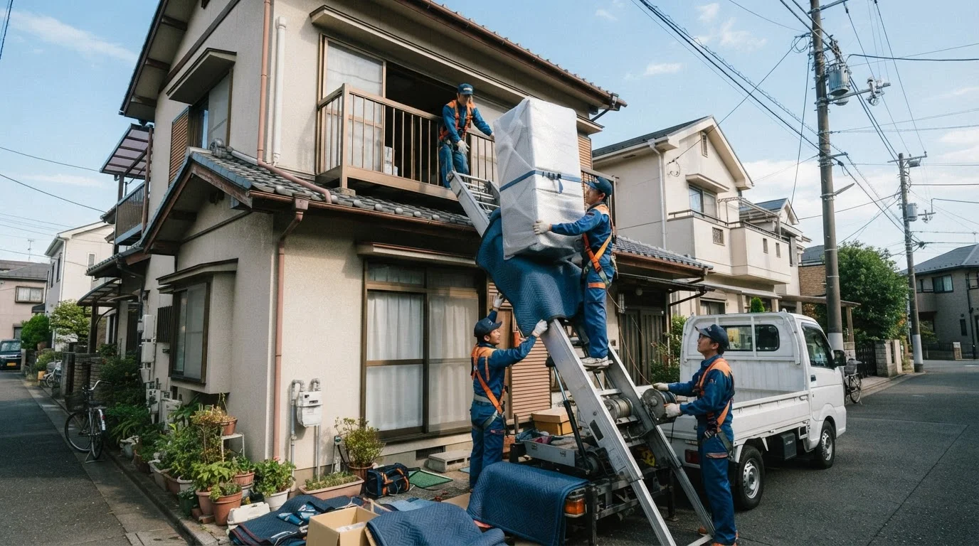 A wide view of furniture being moved using delivery equipment installed along the exterior wall of a home