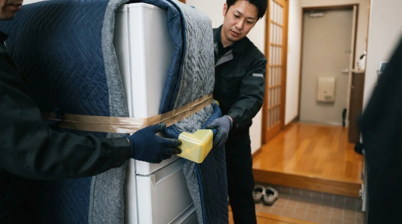 保護材で包んだ大型家電の角を確認しながら搬入準備をする作業者の手元