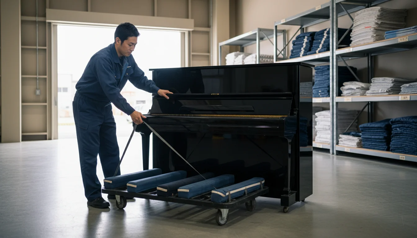 A worker's hands safely supporting a large appliance with an installation belt