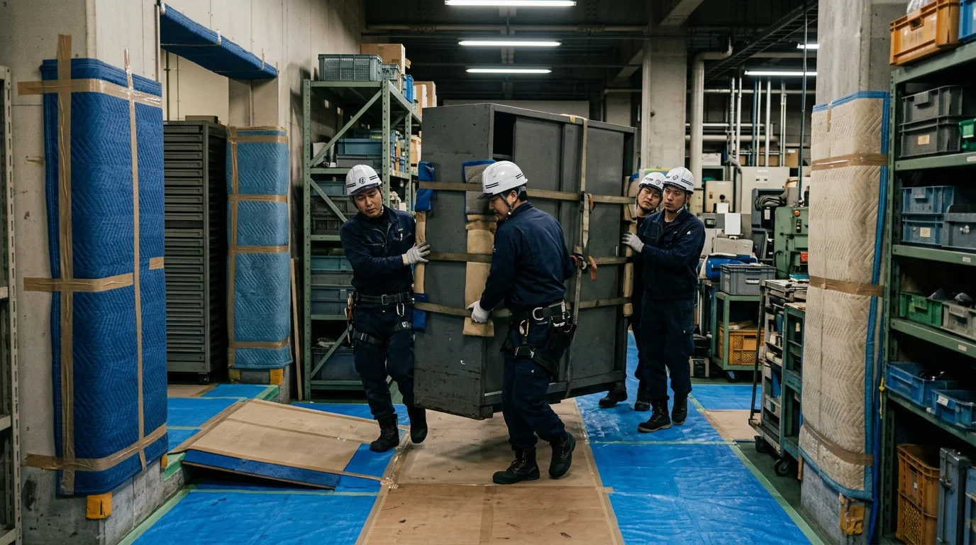 狭い通路のある住宅で大型荷物を慎重に搬出する作業風景