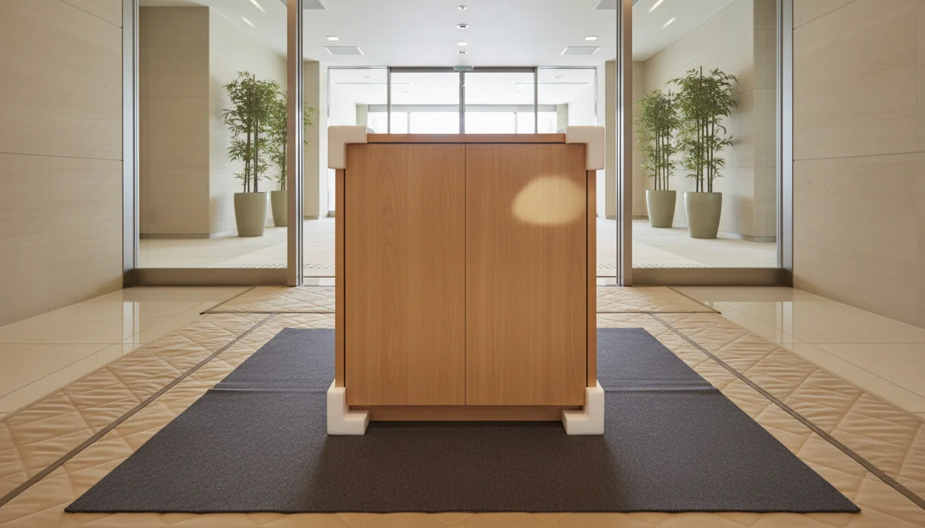 Workers check around a large appliance after installation and tidy the room