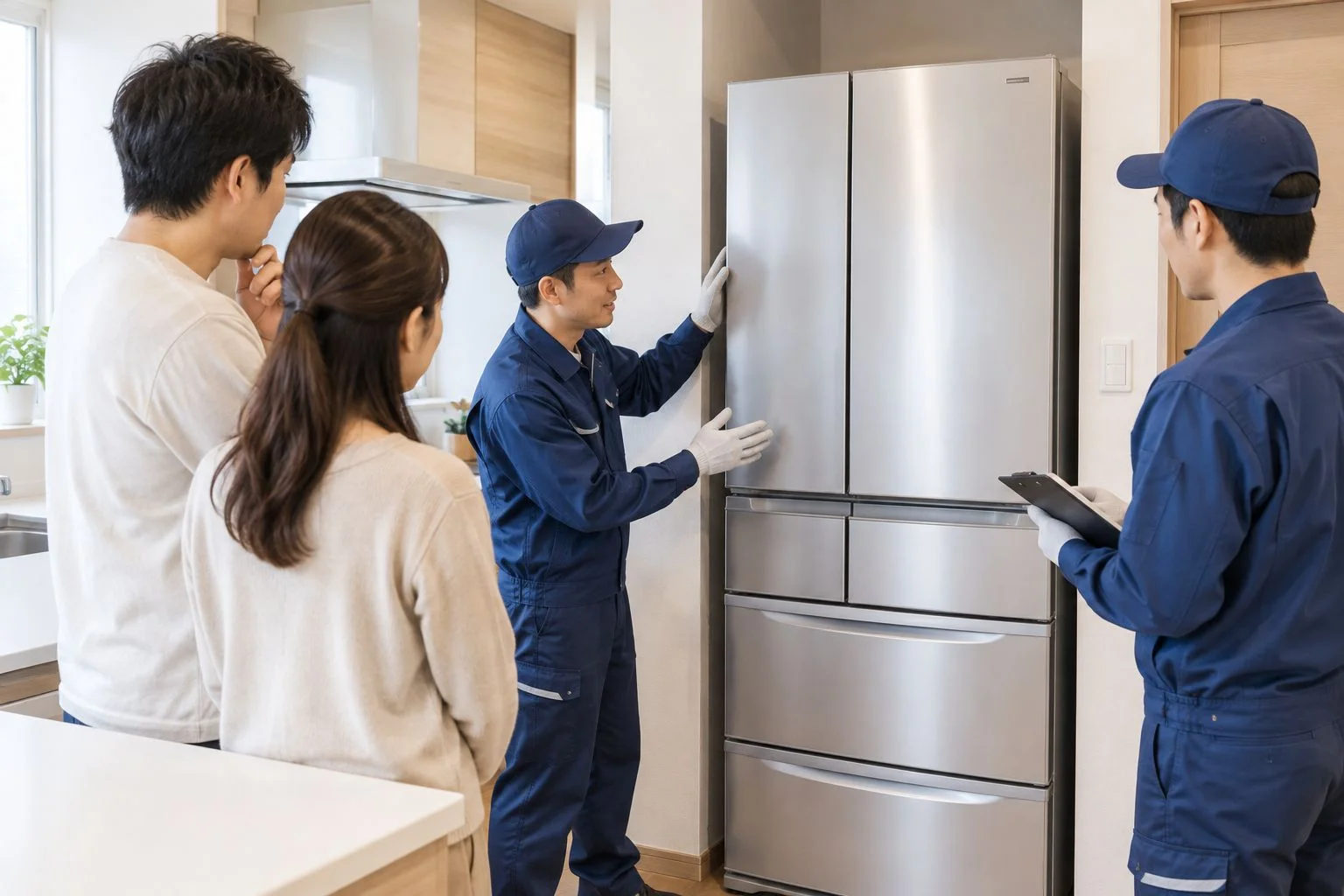 Workers checking where to install a refrigerator in the kitchen while a couple observes