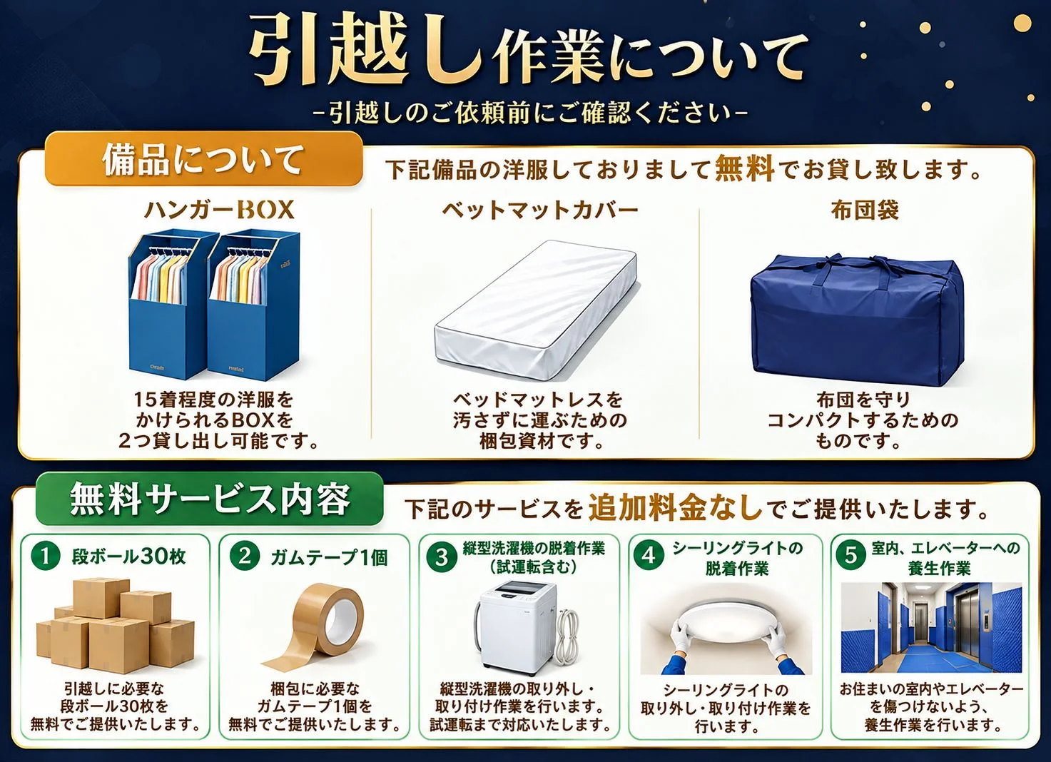 引越し作業について：無料貸出の備品（ハンガーBOX・ベッドマットカバー・布団袋）と、無料サービス内容（段ボール30枚・ガムテープ・縦型洗濯機の脱着・シーリングライトの脱着・養生作業）の一覧
